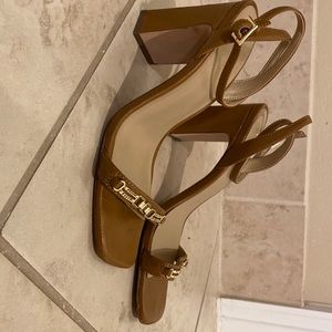 Ann Taylor tan sandals, size 8 with 3.5 inch heel and gold accents